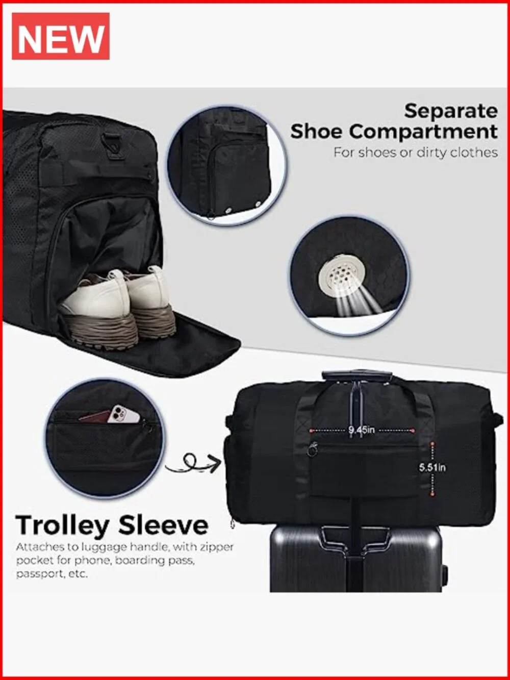 65L Foldable Travel Duffle Bag with Shoes Compartment, Water Resistant, Tear